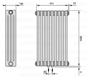 Схема (чертеж) Радиатор Zehnder Charleston 4280/9 №5410 Белый глянцевый RAL 9016